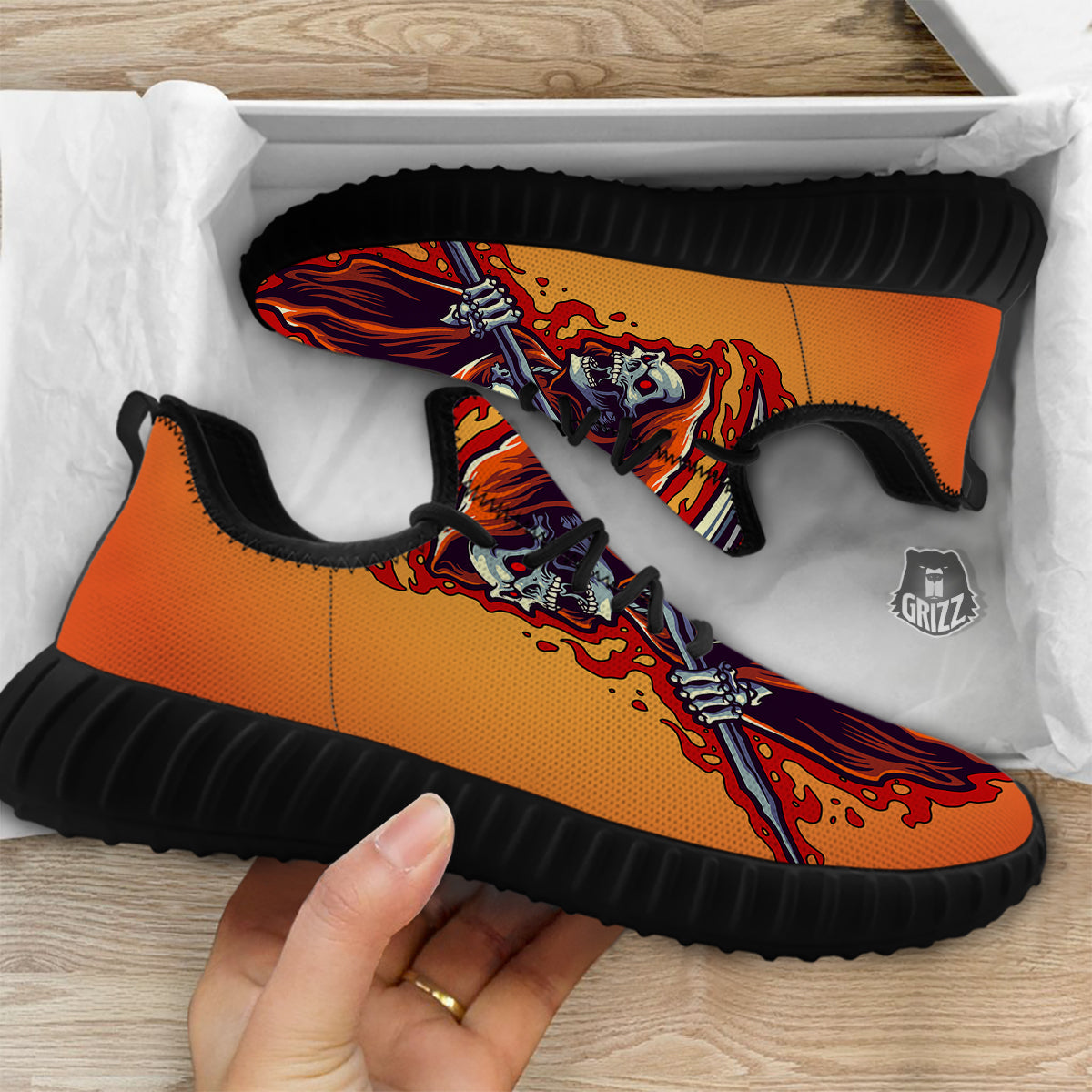 Grim Reaper And Fire Print Black Walking Shoes-grizzshop