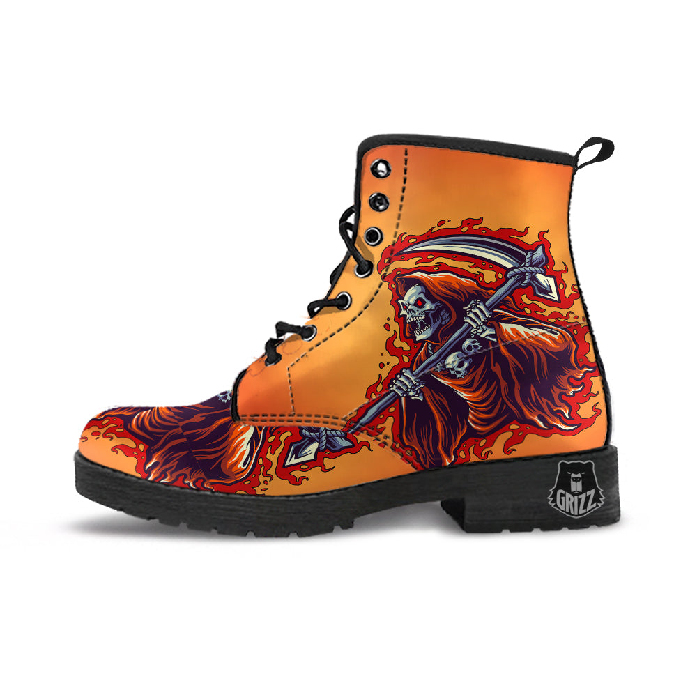 Grim Reaper And Fire Print Leather Boots-grizzshop