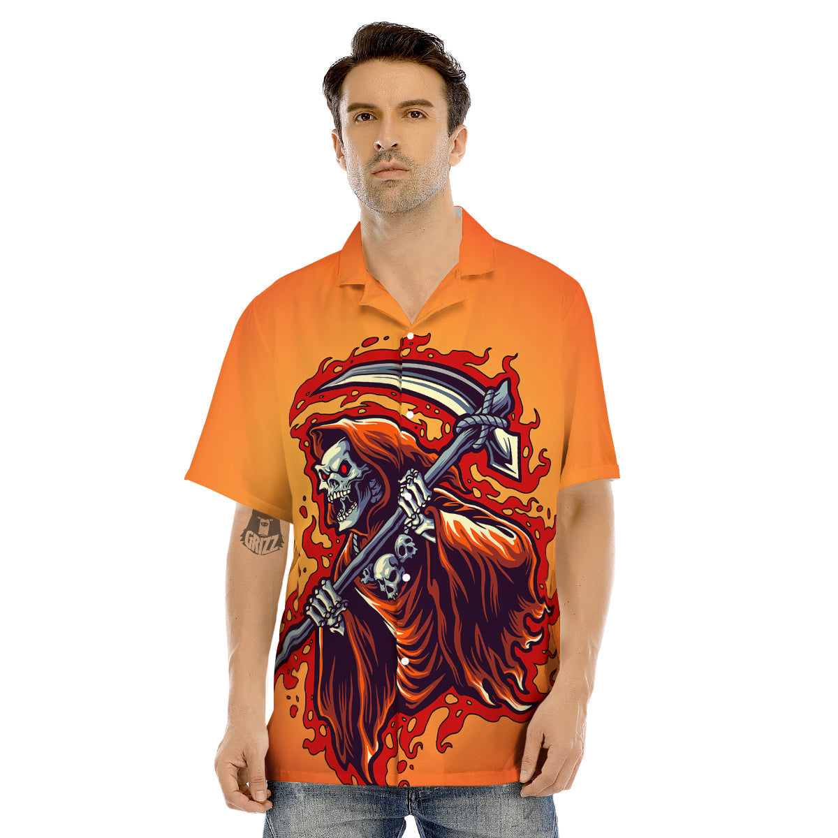 Grim Reaper And Fire Print Men's Hawaiian Shirt-grizzshop