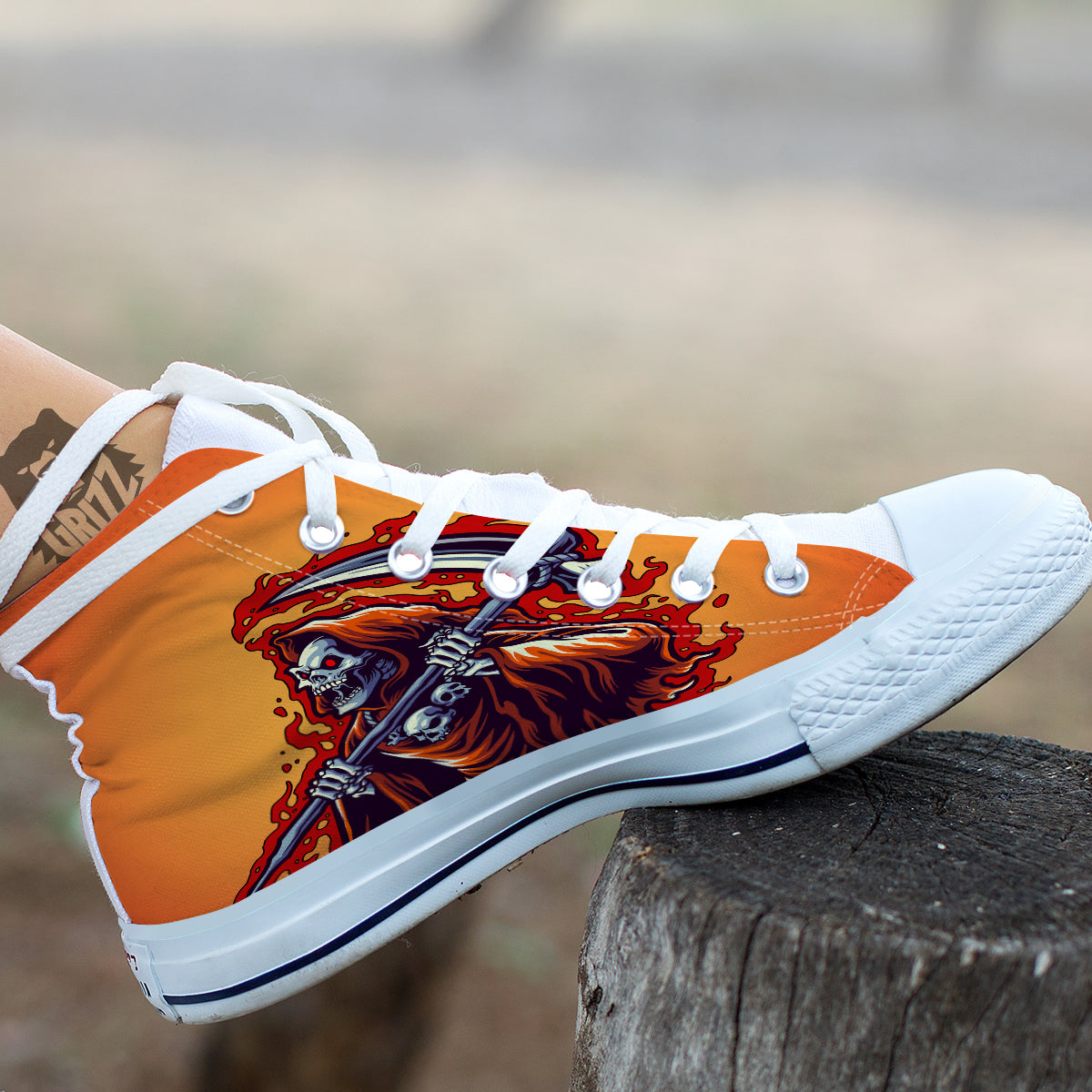 Grim Reaper And Fire Print White High Top Shoes-grizzshop