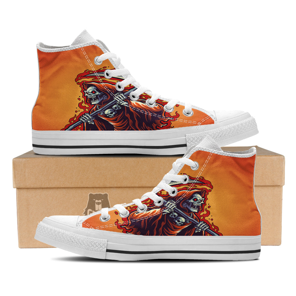 Grim Reaper And Fire Print White High Top Shoes-grizzshop