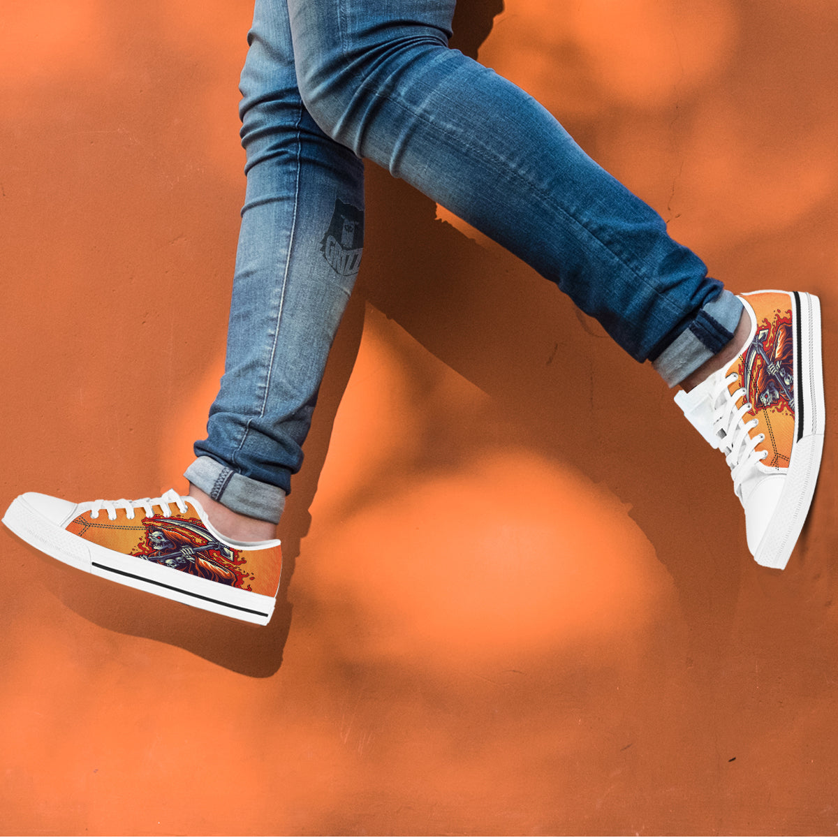 Grim Reaper And Fire Print White Low Top Shoes-grizzshop