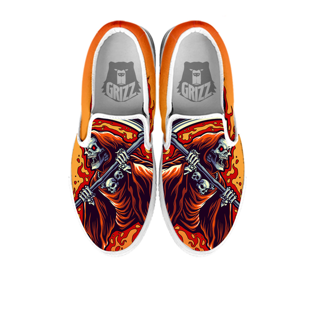 Grim Reaper And Fire Print White Slip On Shoes-grizzshop