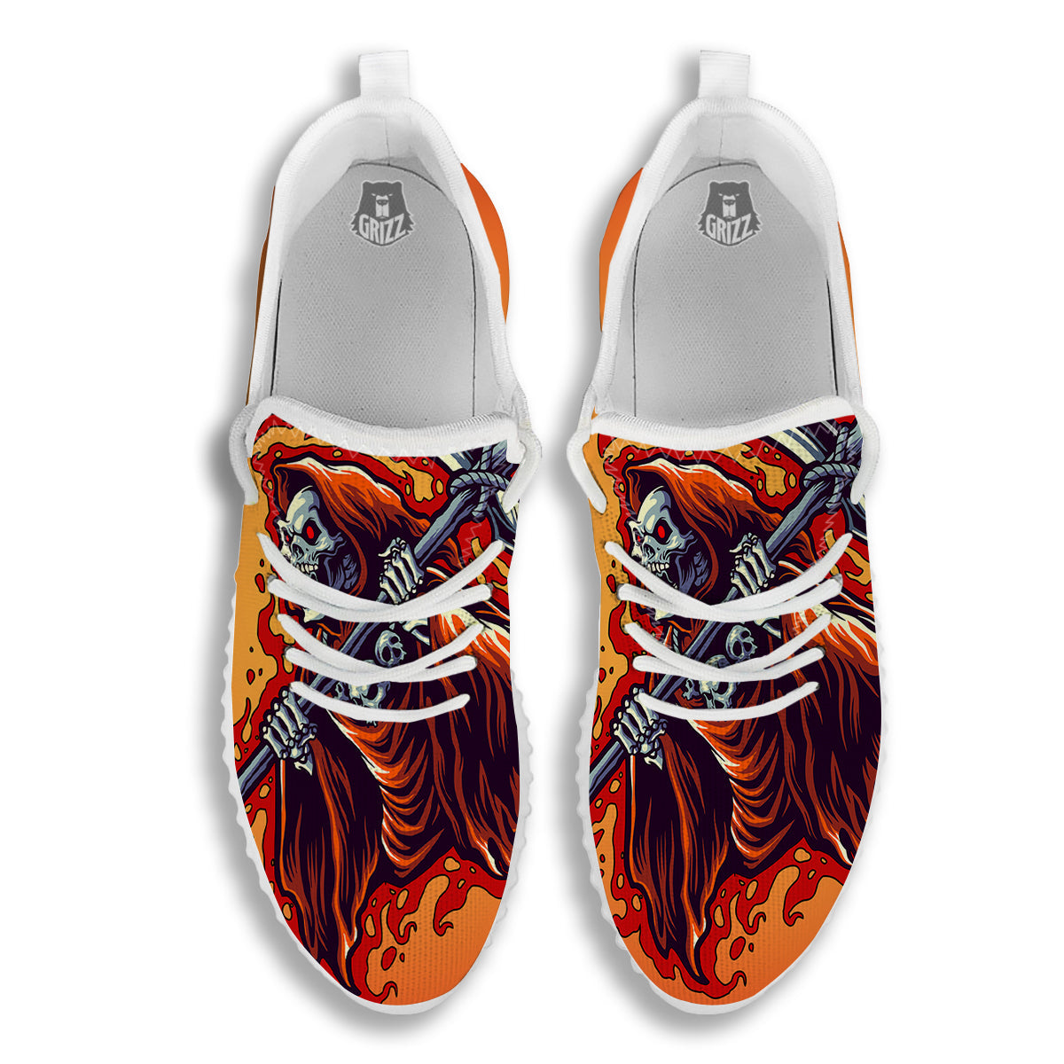 Grim Reaper And Fire Print White Walking Shoes-grizzshop