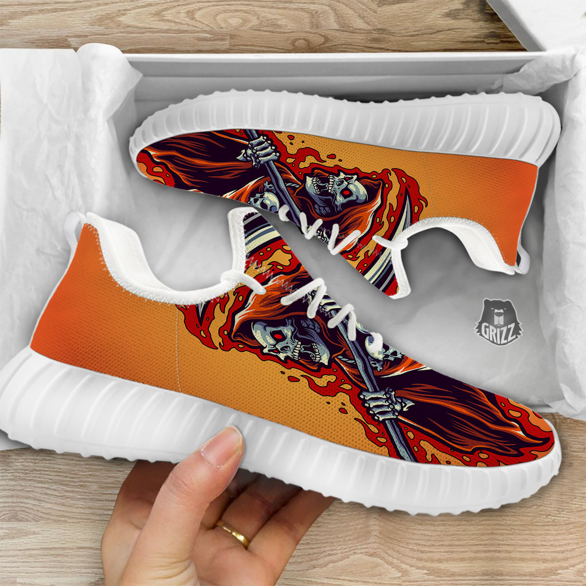 Grim Reaper And Fire Print White Walking Shoes-grizzshop