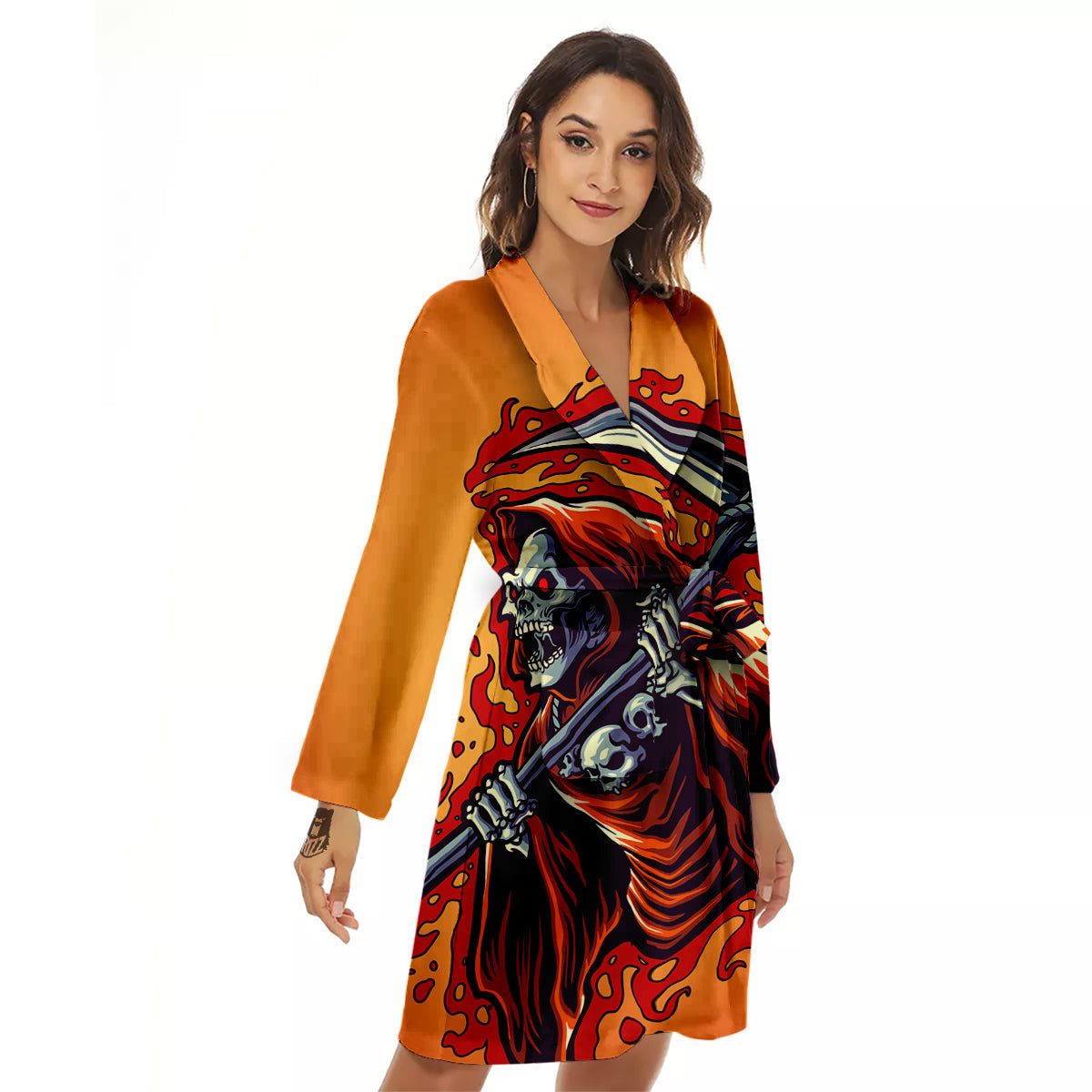 Grim Reaper And Fire Print Women's Robe-grizzshop