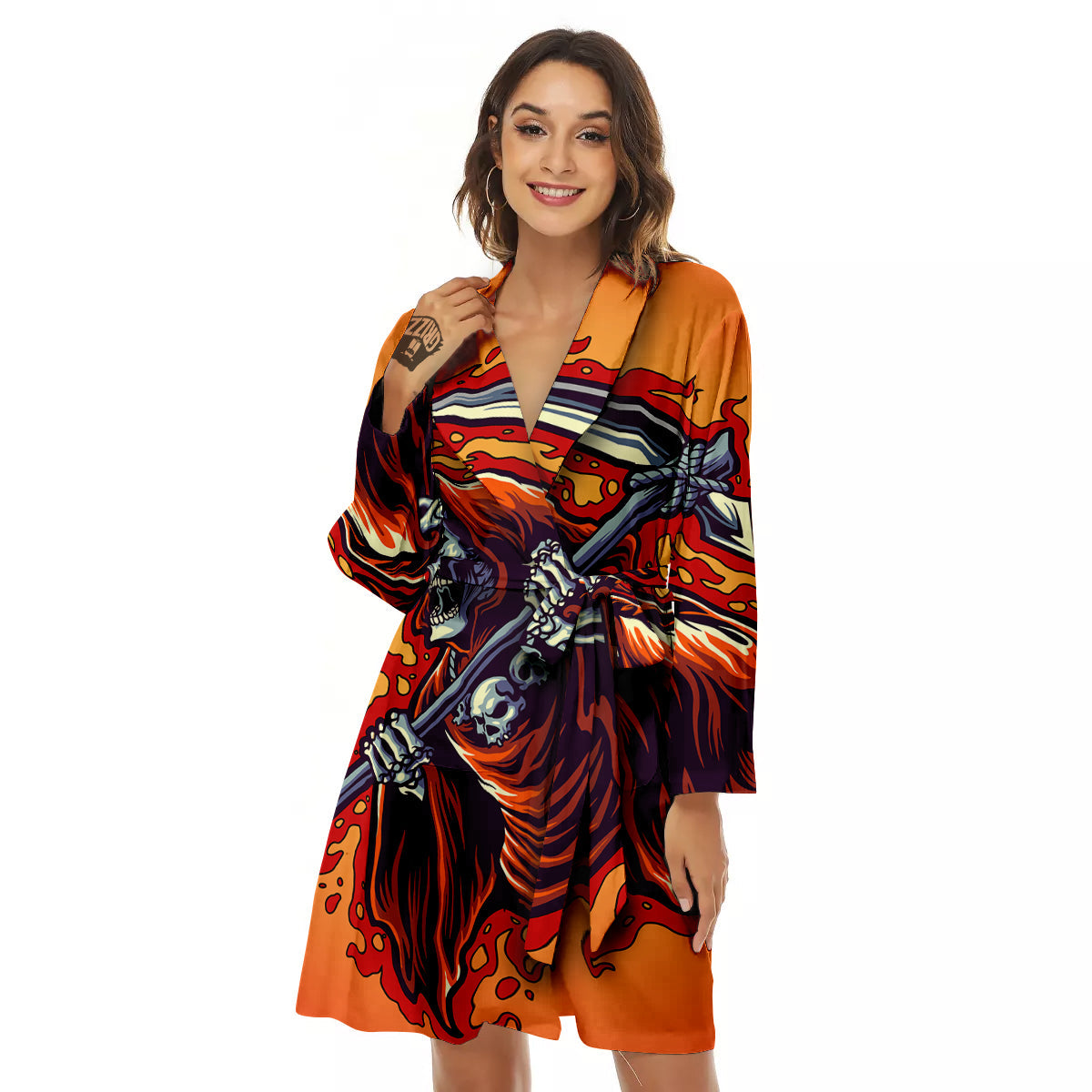 Grim Reaper And Fire Print Women's Robe-grizzshop