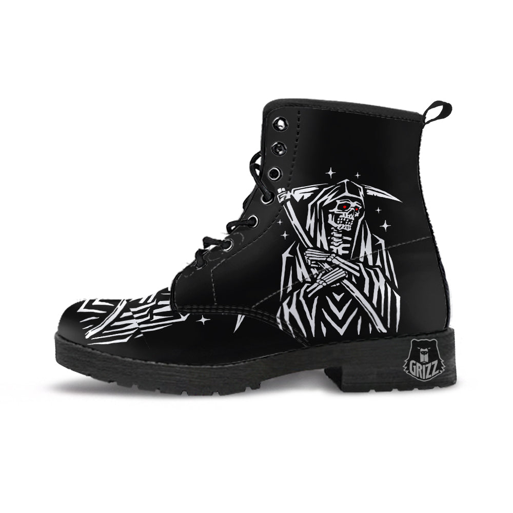 Grim Reaper Sad Print Leather Boots-grizzshop