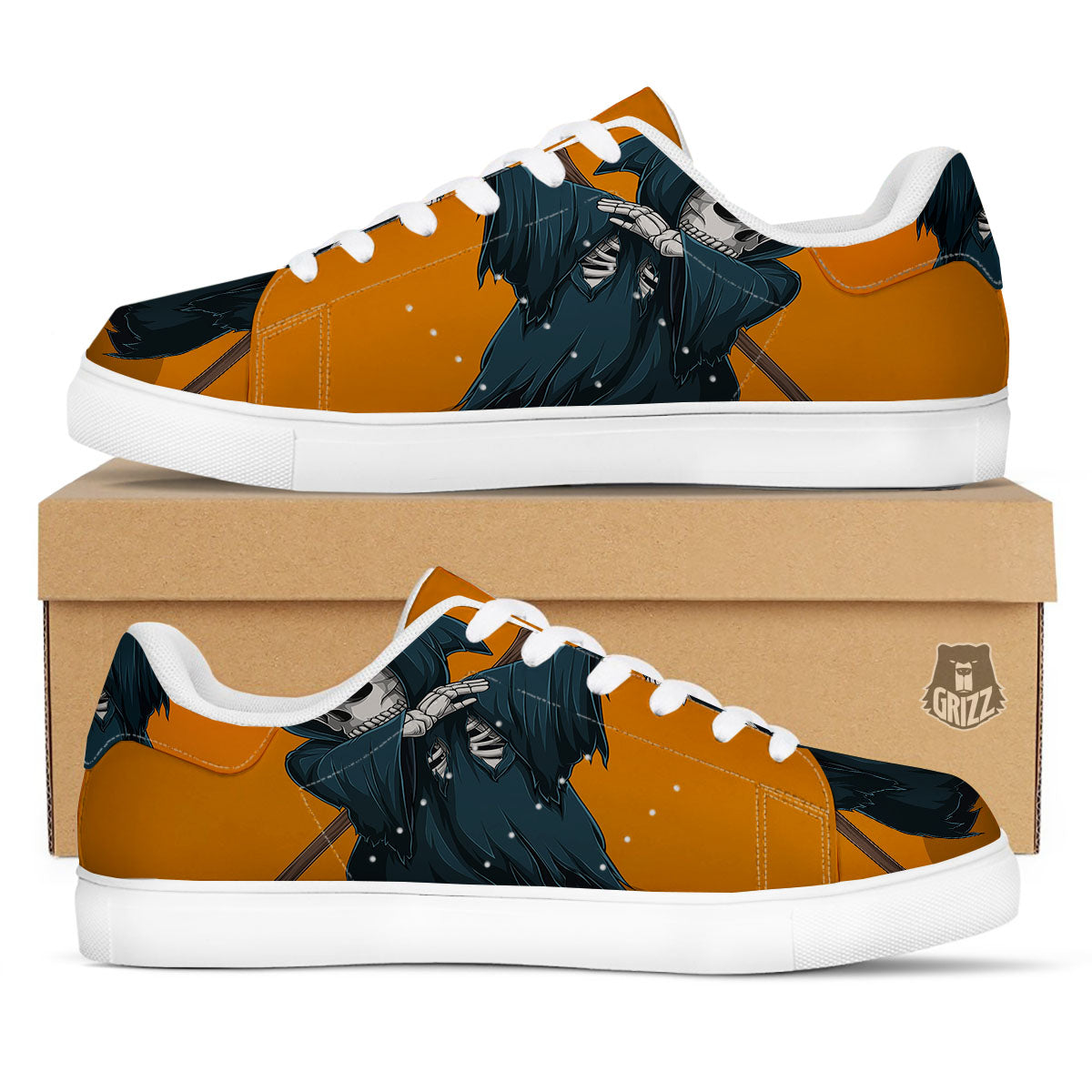 Grim Reaper Skeleton Dap Print White Low Top Sneakers-grizzshop