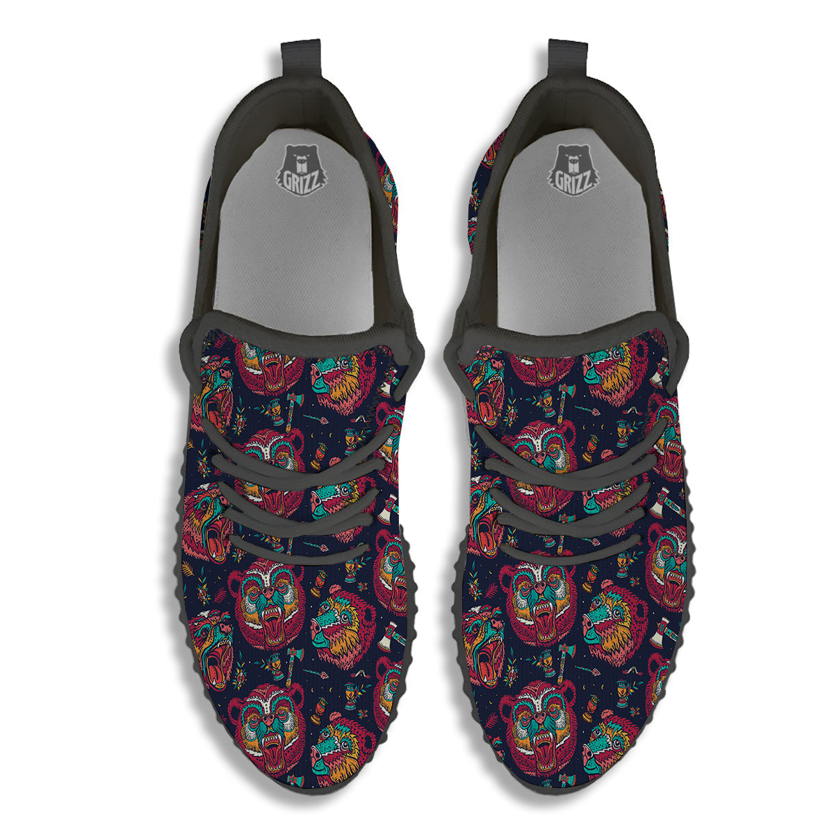 Grizz Bear Oldschool Tattoo Print Pattern Black Walking Shoes-grizzshop