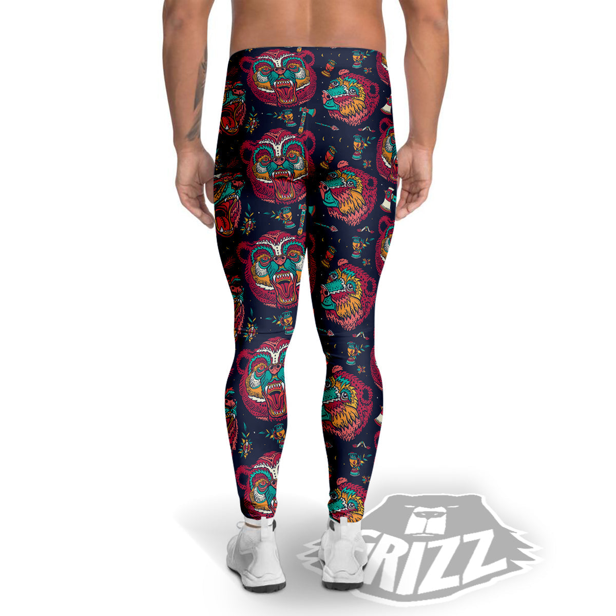 Grizz Bear Oldschool Tattoo Print Pattern Men's Leggings-grizzshop