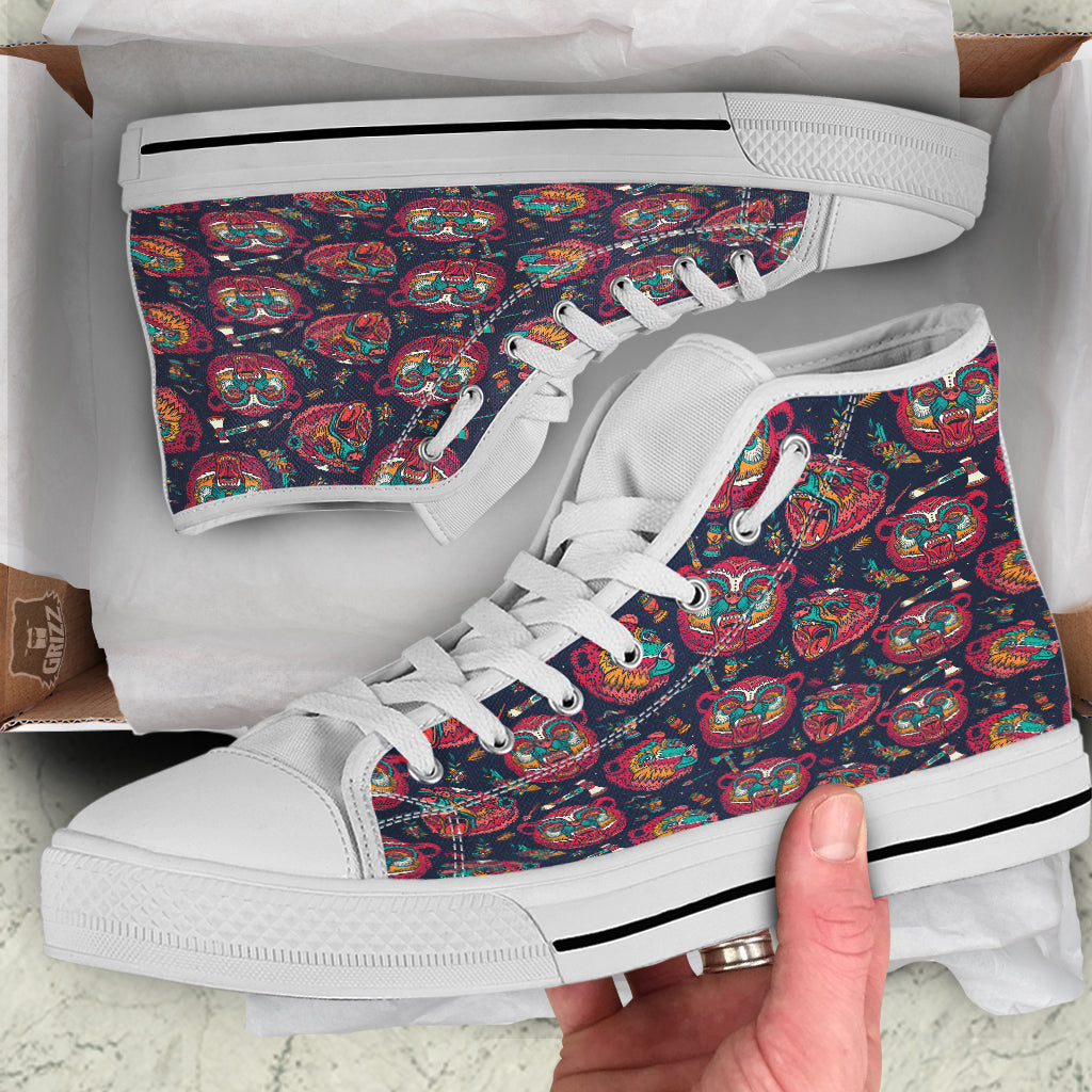 Grizz Bear Oldschool Tattoo Print Pattern White High Top Shoes-grizzshop