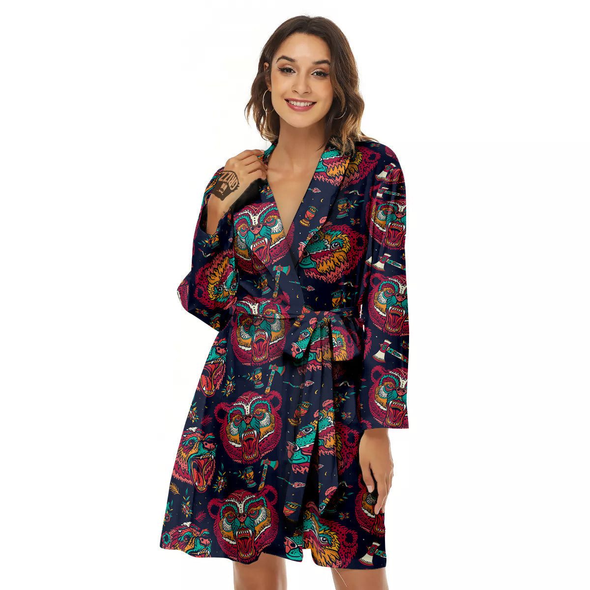 Grizz Bear Oldschool Tattoo Print Pattern Women's Robe-grizzshop