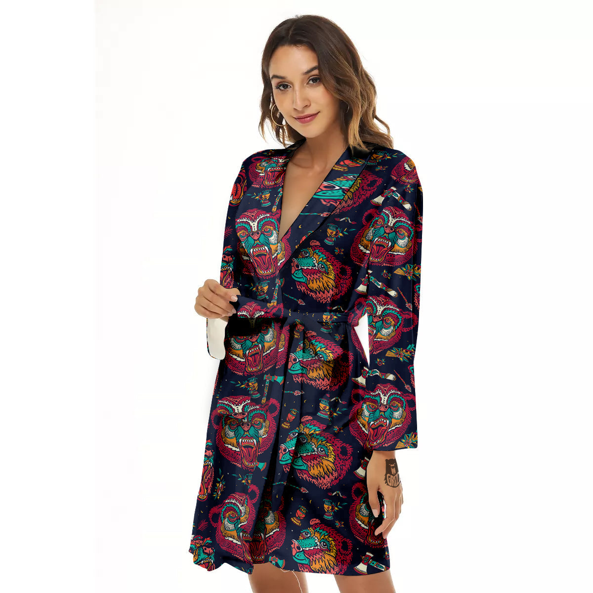 Grizz Bear Oldschool Tattoo Print Pattern Women's Robe-grizzshop