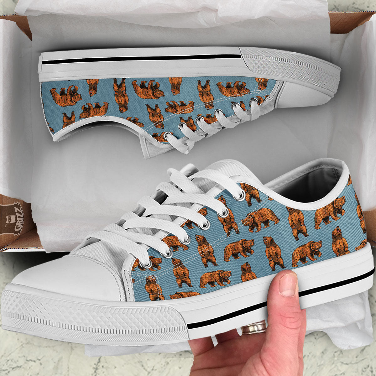 Grizzly Bear Print Pattern White Low Top Shoes-grizzshop