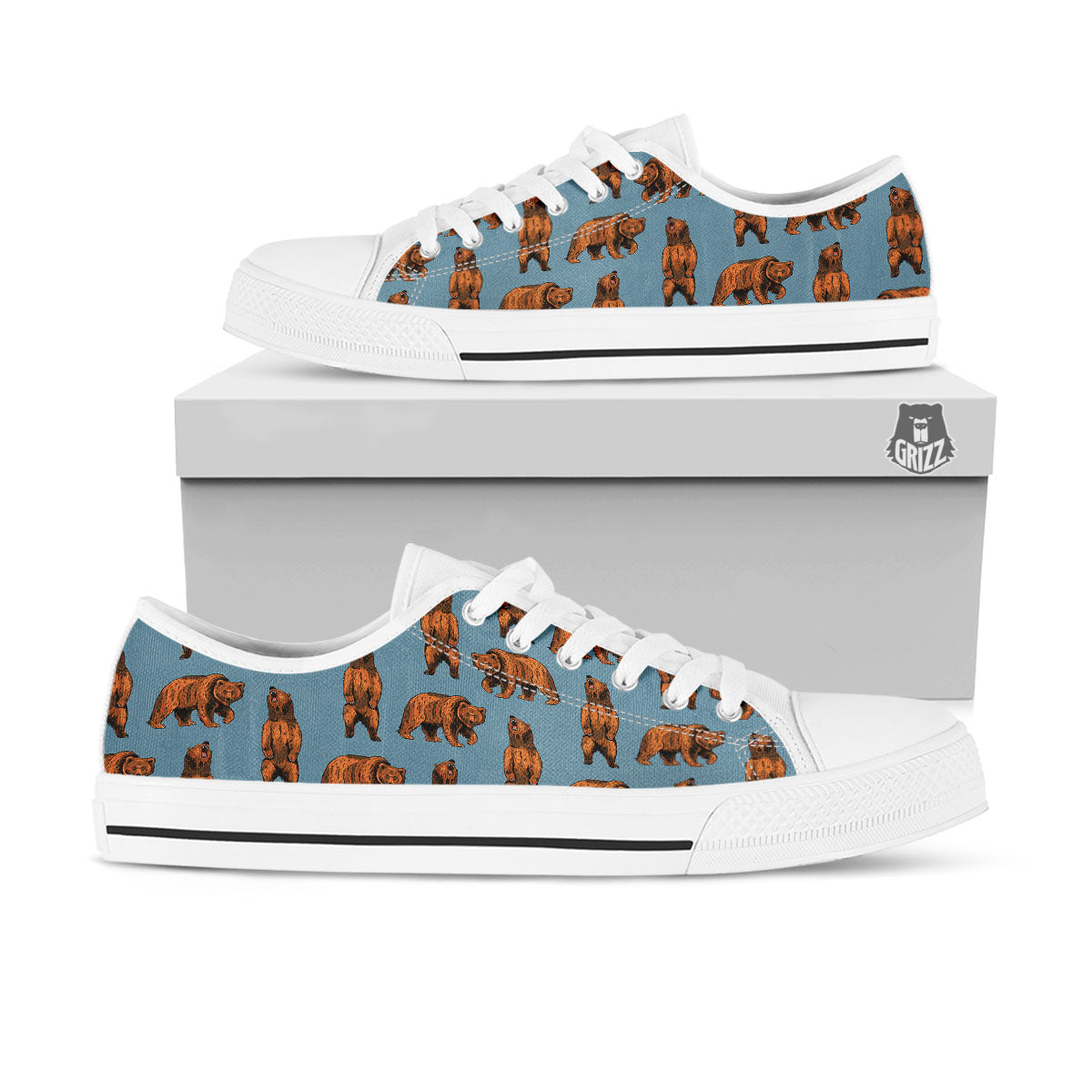 Grizzly Bear Print Pattern White Low Top Shoes-grizzshop