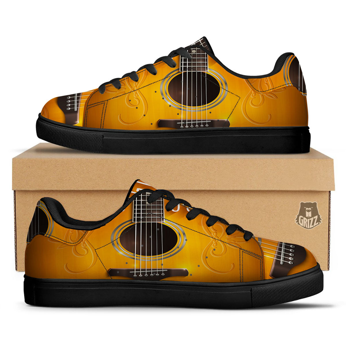 Guitar Acoustic Print Black Low Top Sneakers-grizzshop