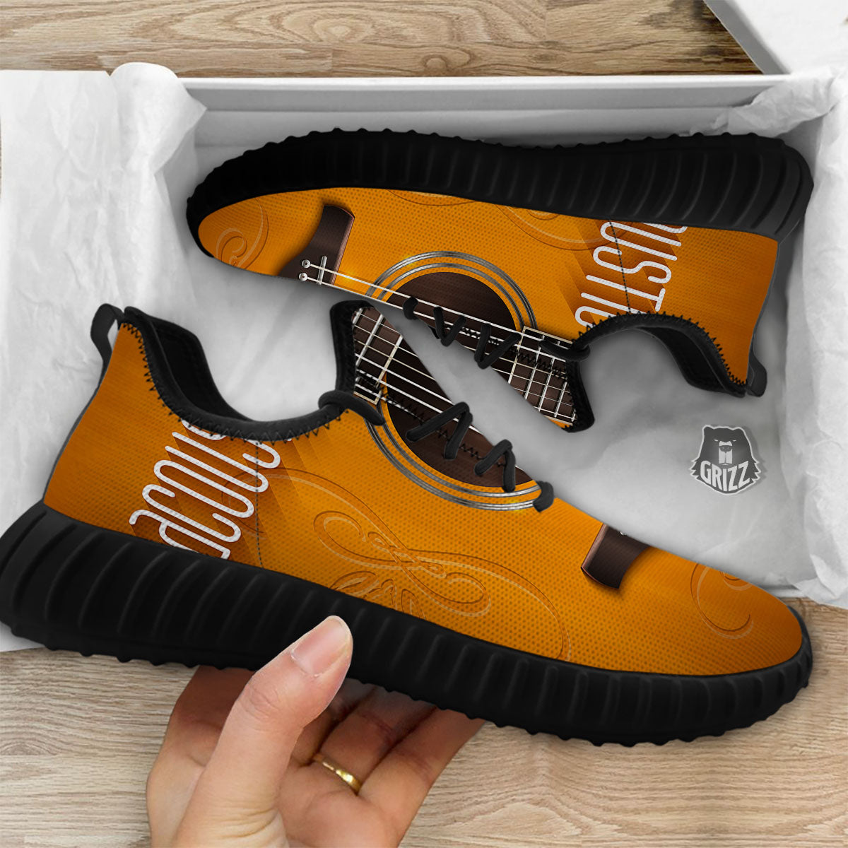 Guitar Acoustic Print Black Walking Shoes-grizzshop