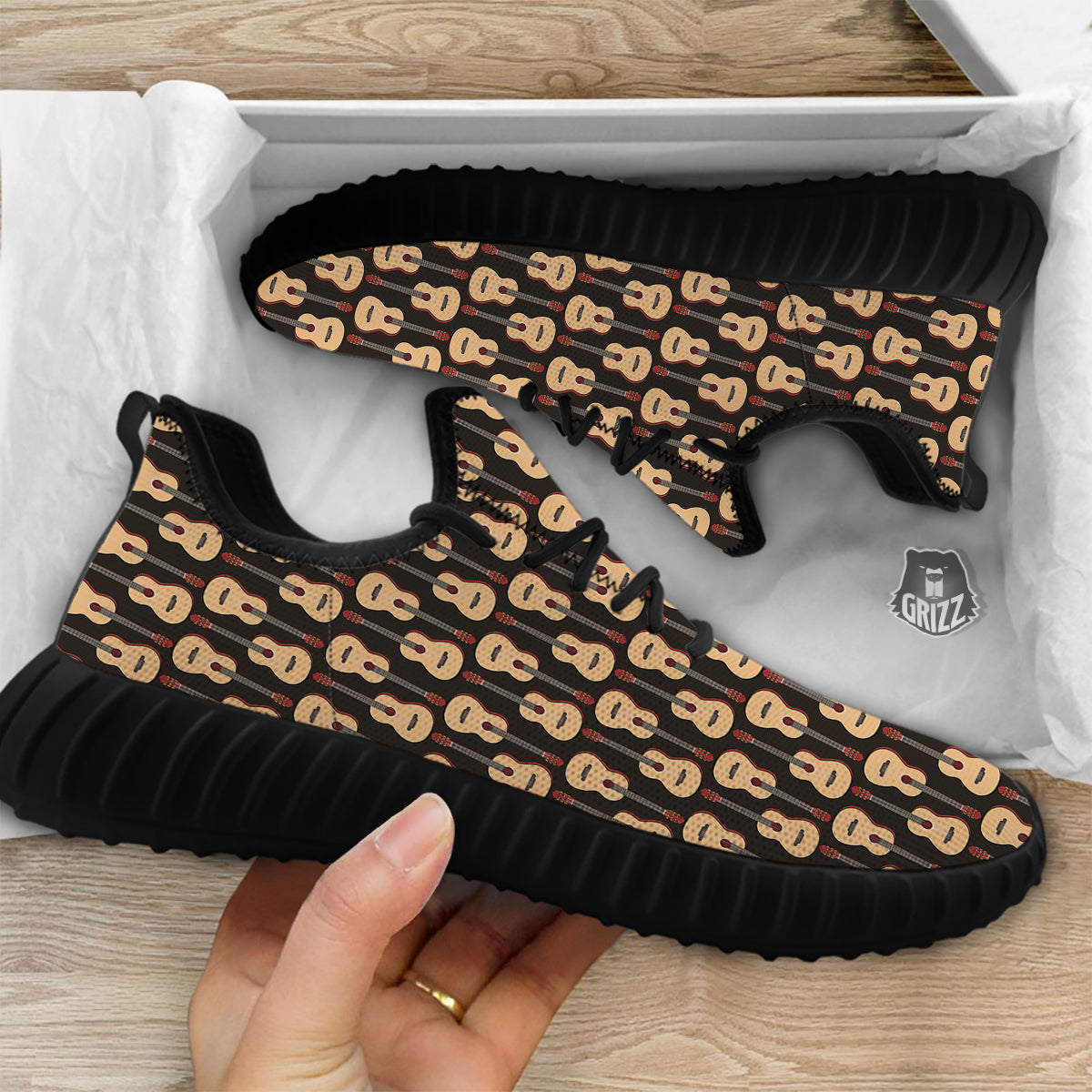 Guitar Acoustic Print Pattern Black Walking Shoes-grizzshop
