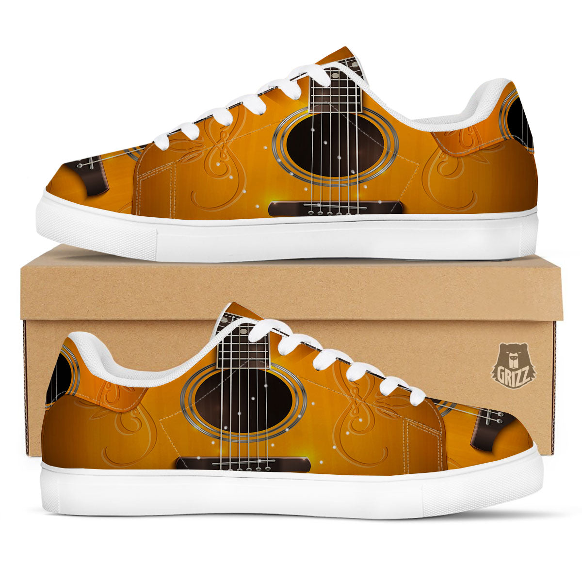 Guitar Acoustic Print White Low Top Sneakers-grizzshop