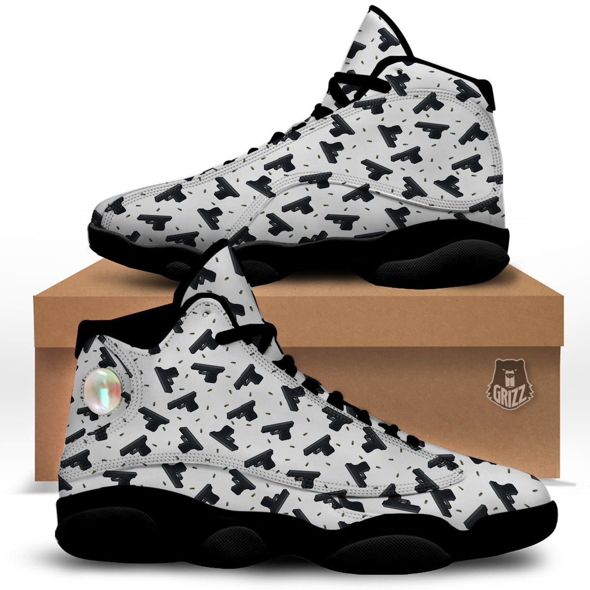 Gun Bullet White And Black Print Pattern Black Basketball Shoes-grizzshop