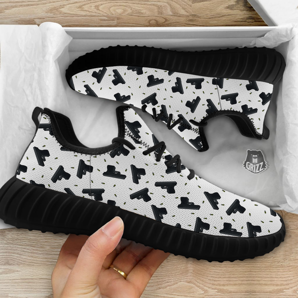 Gun Bullet White And Black Print Pattern Black Walking Shoes-grizzshop