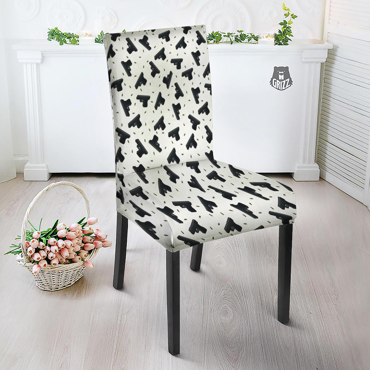 Gun Bullet White And Black Print Pattern Dining Chair Slipcover-grizzshop