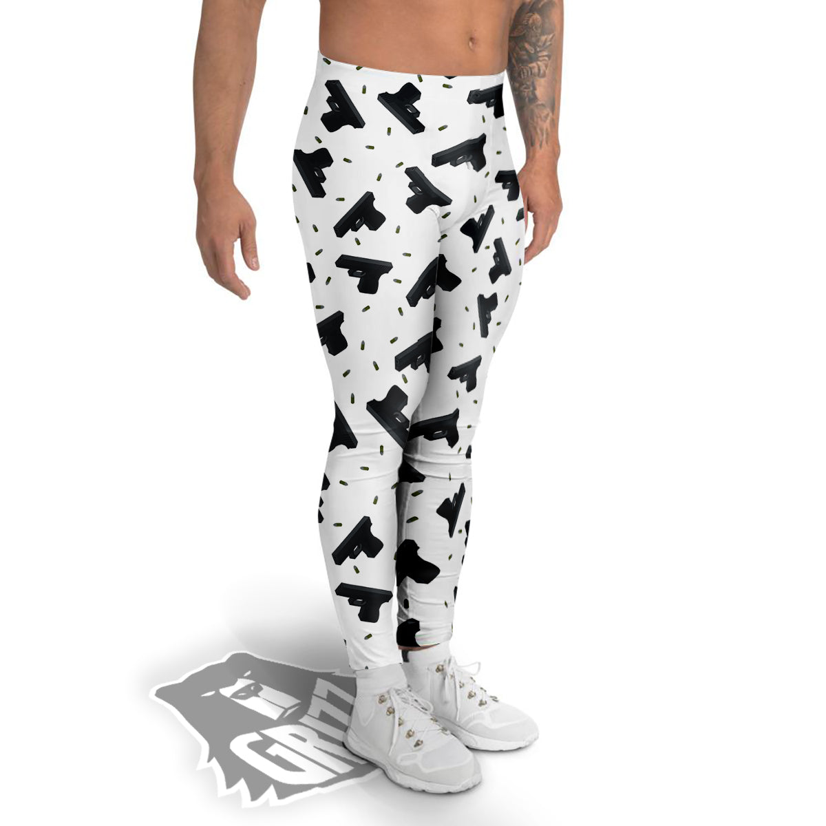 Gun Bullet White And Black Print Pattern Men's Leggings-grizzshop