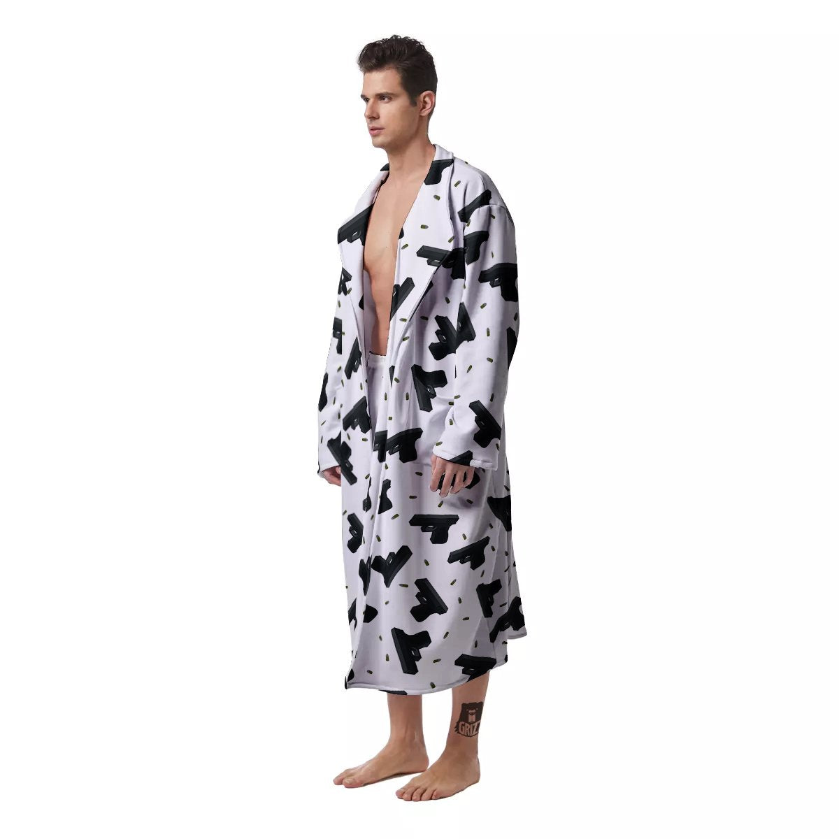 Gun Bullet White And Black Print Pattern Men's Robe-grizzshop