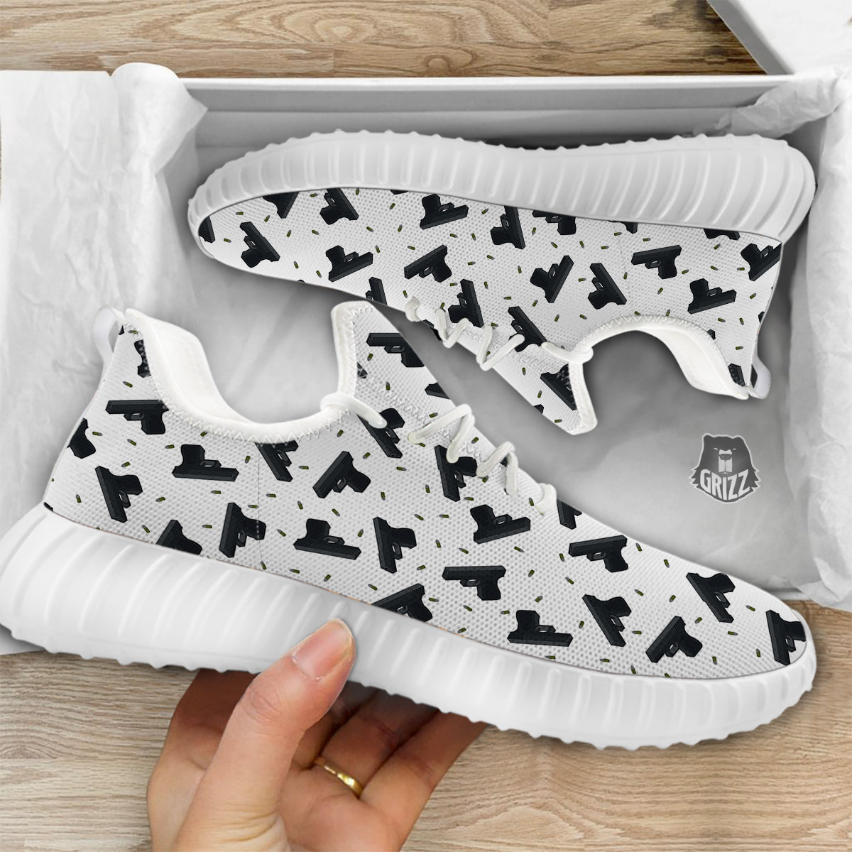 Gun Bullet White And Black Print Pattern White Walking Shoes-grizzshop