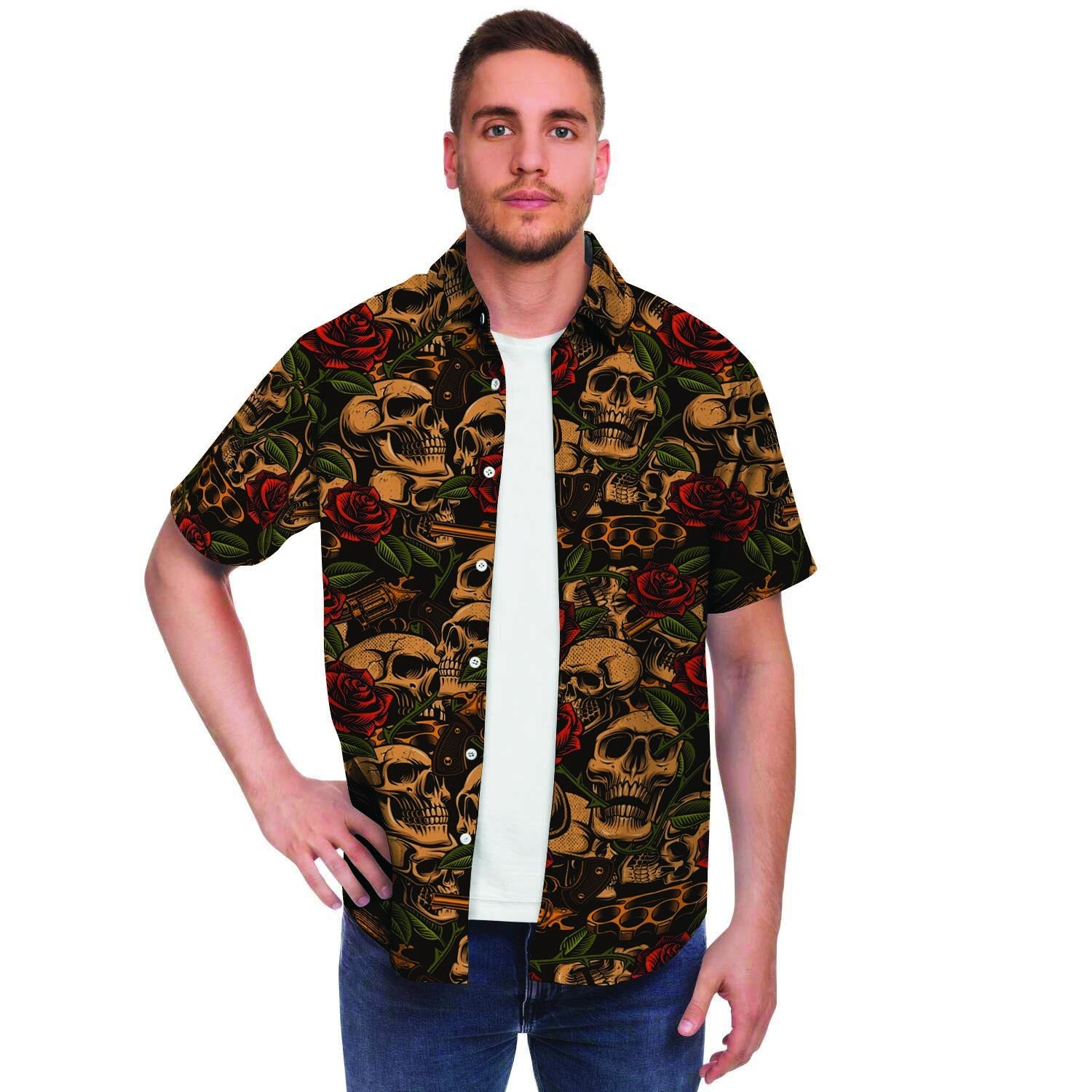 Gun Rose Skull Men's Short Sleeve Shirt-grizzshop