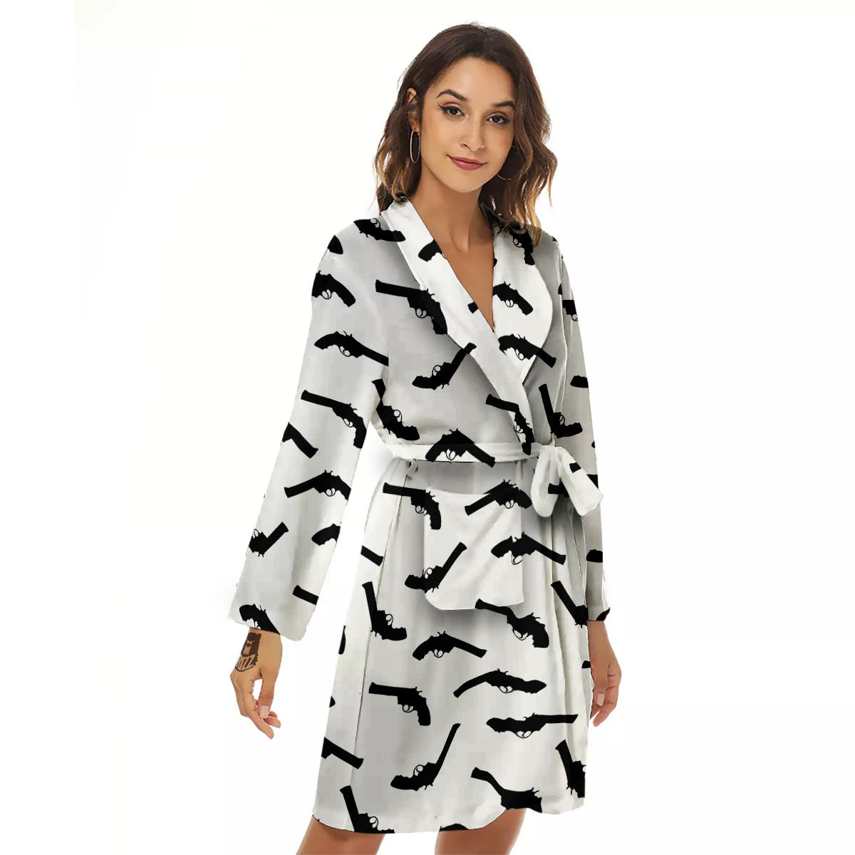 Guns White And Black Print Pattern Women's Robe-grizzshop