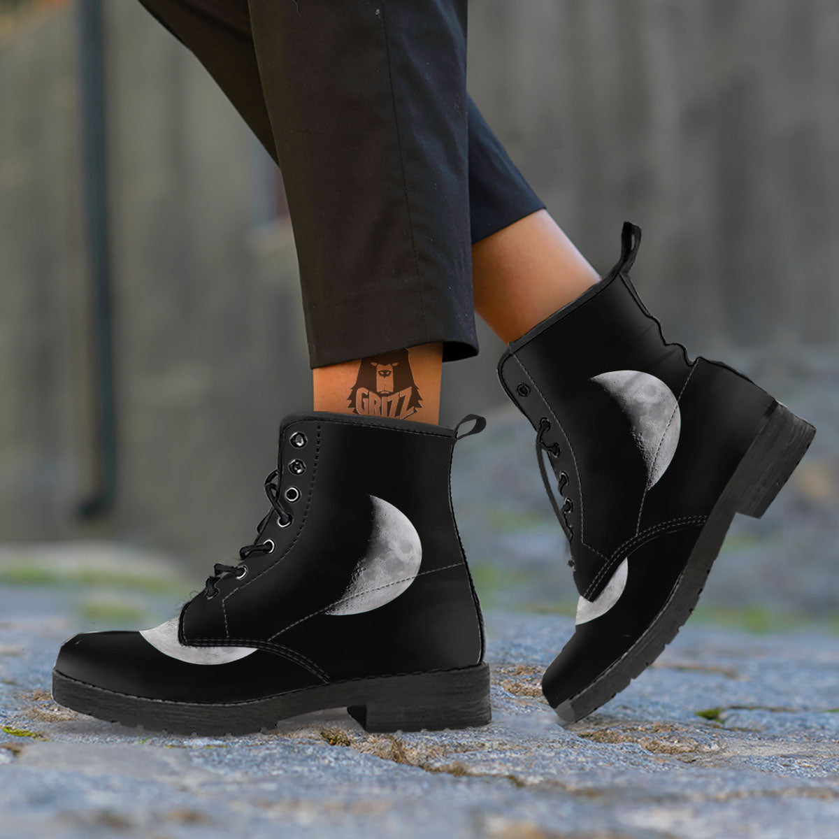Half Moon Print Leather Boots-grizzshop
