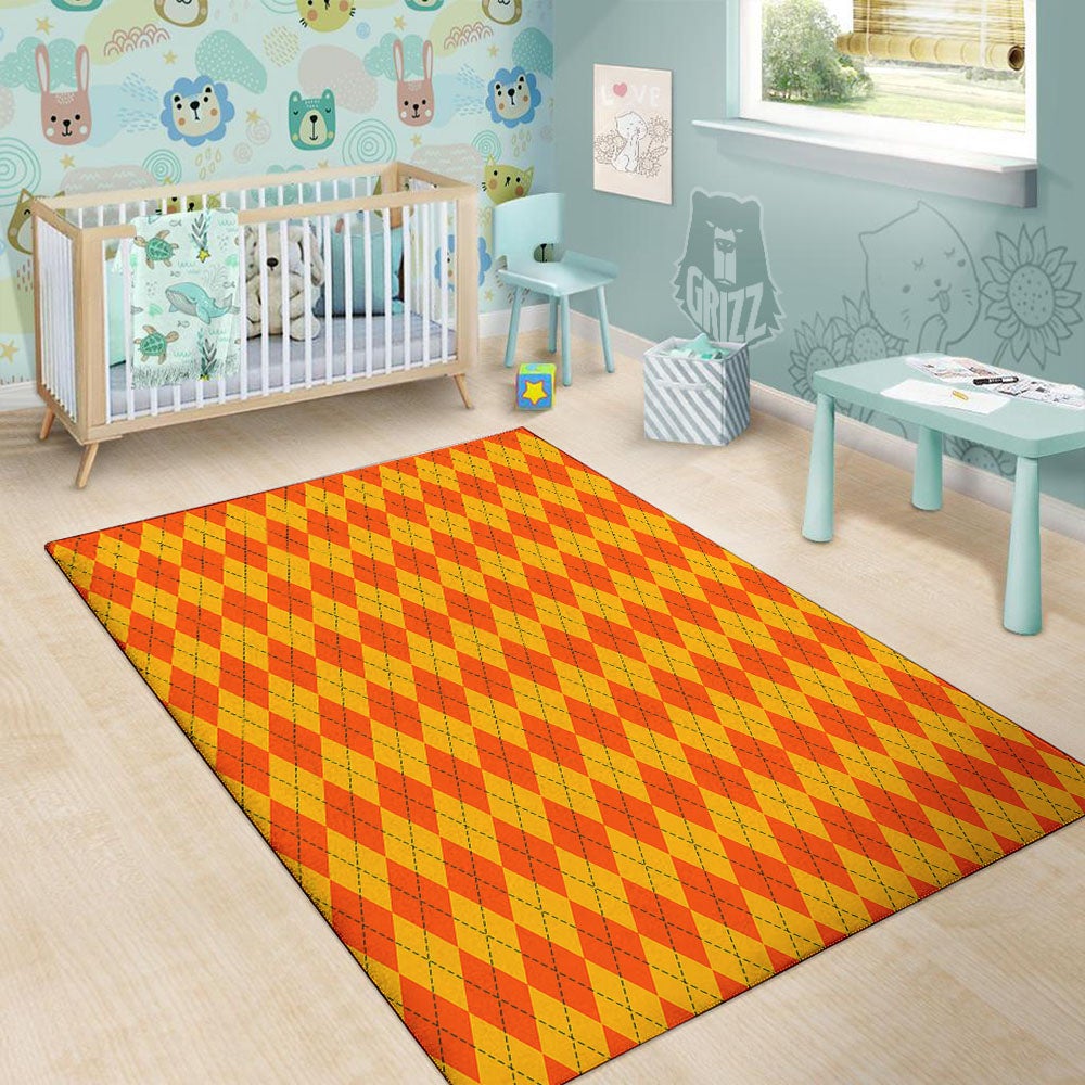 Halloween Argyle Orange Print Pattern Floor Mat-grizzshop