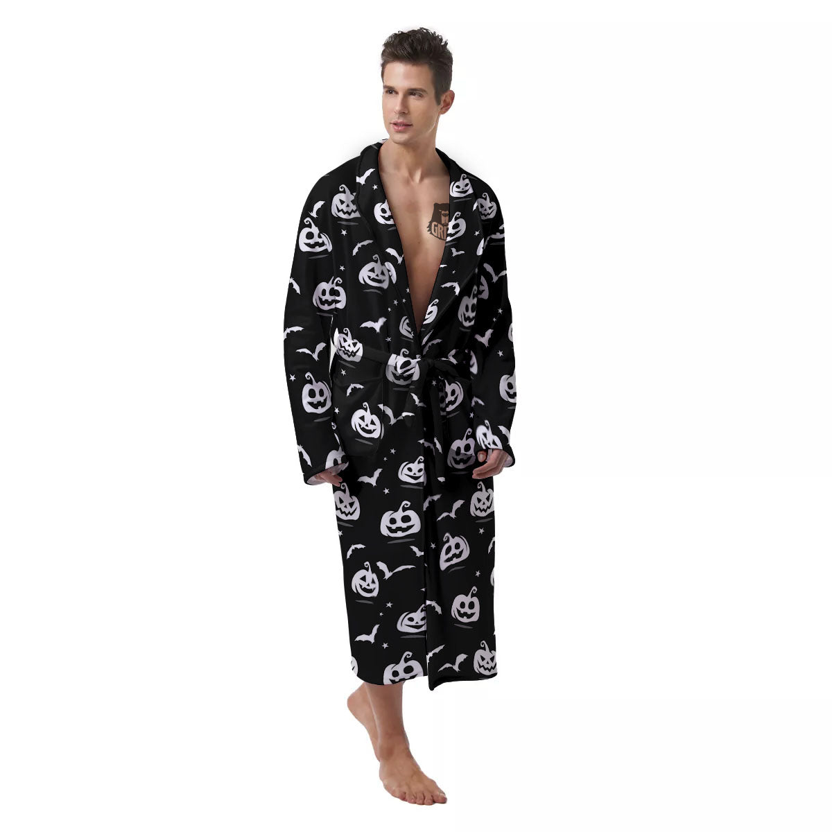 Halloween Bat White And Black Print Men's Robe-grizzshop
