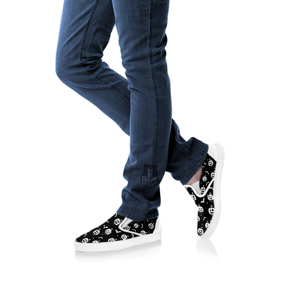Halloween Bat White And Black Print White Slip On Shoes-grizzshop