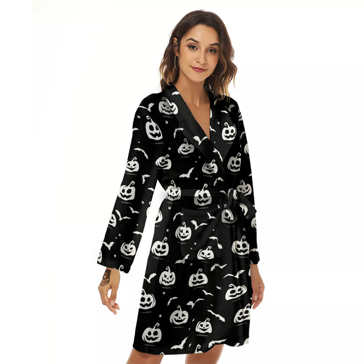 Halloween Bat White And Black Print Women's Robe-grizzshop