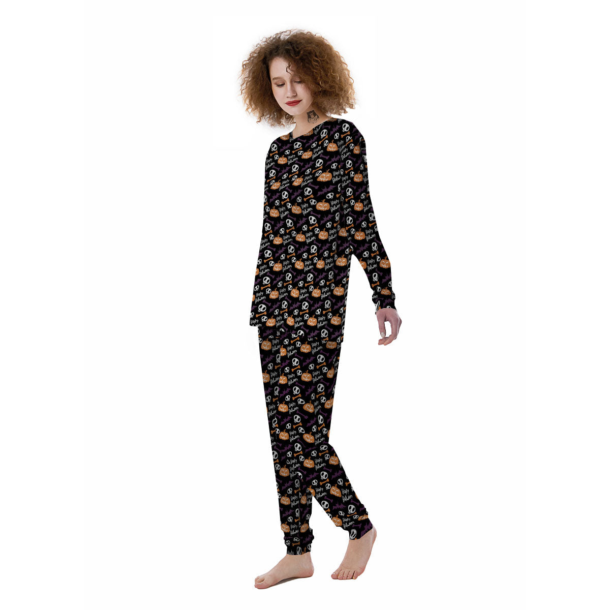 Halloween Black And Orange Print Pattern Women's Pajamas-grizzshop