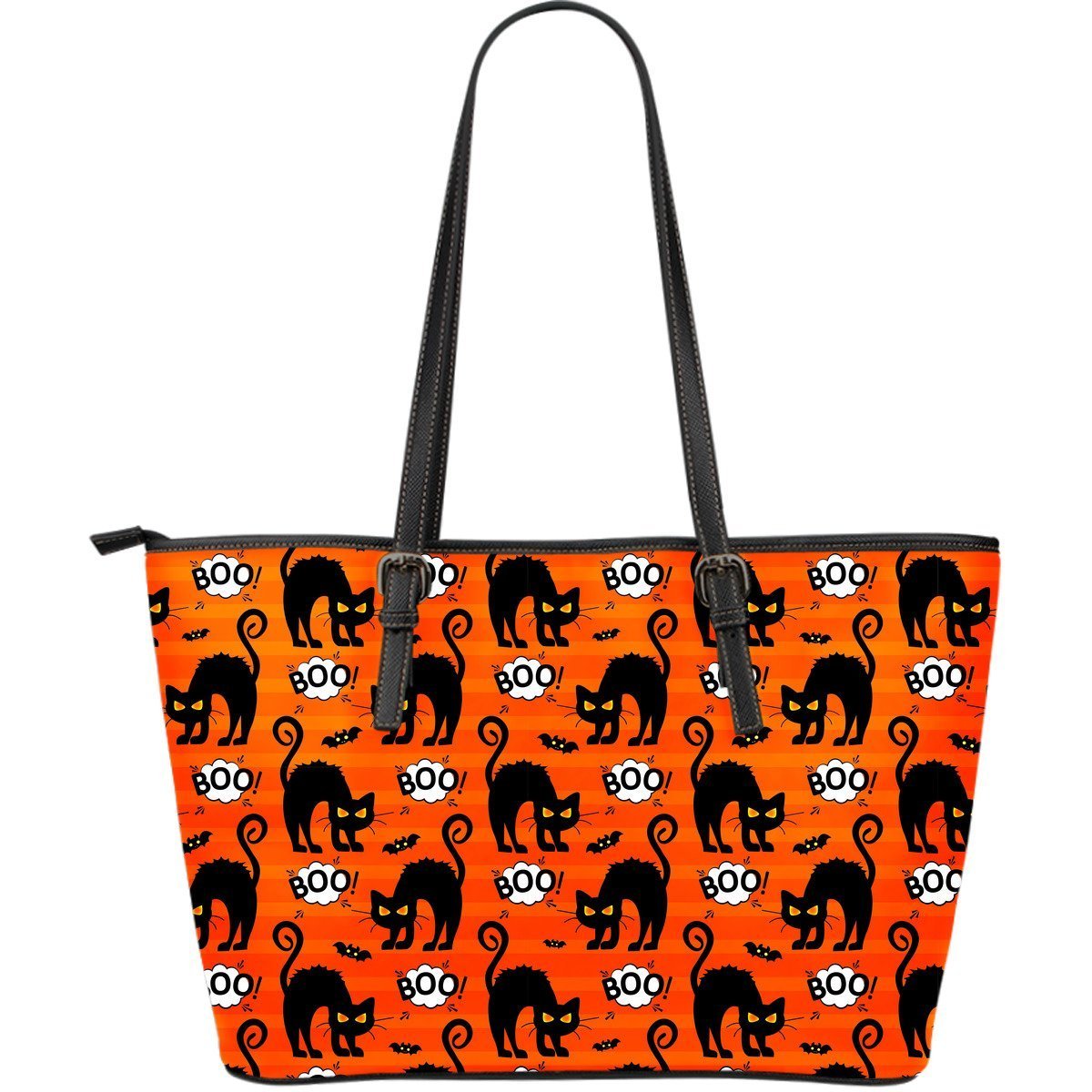 Halloween Black Cat Pattern Print Leather Tote Bag-grizzshop