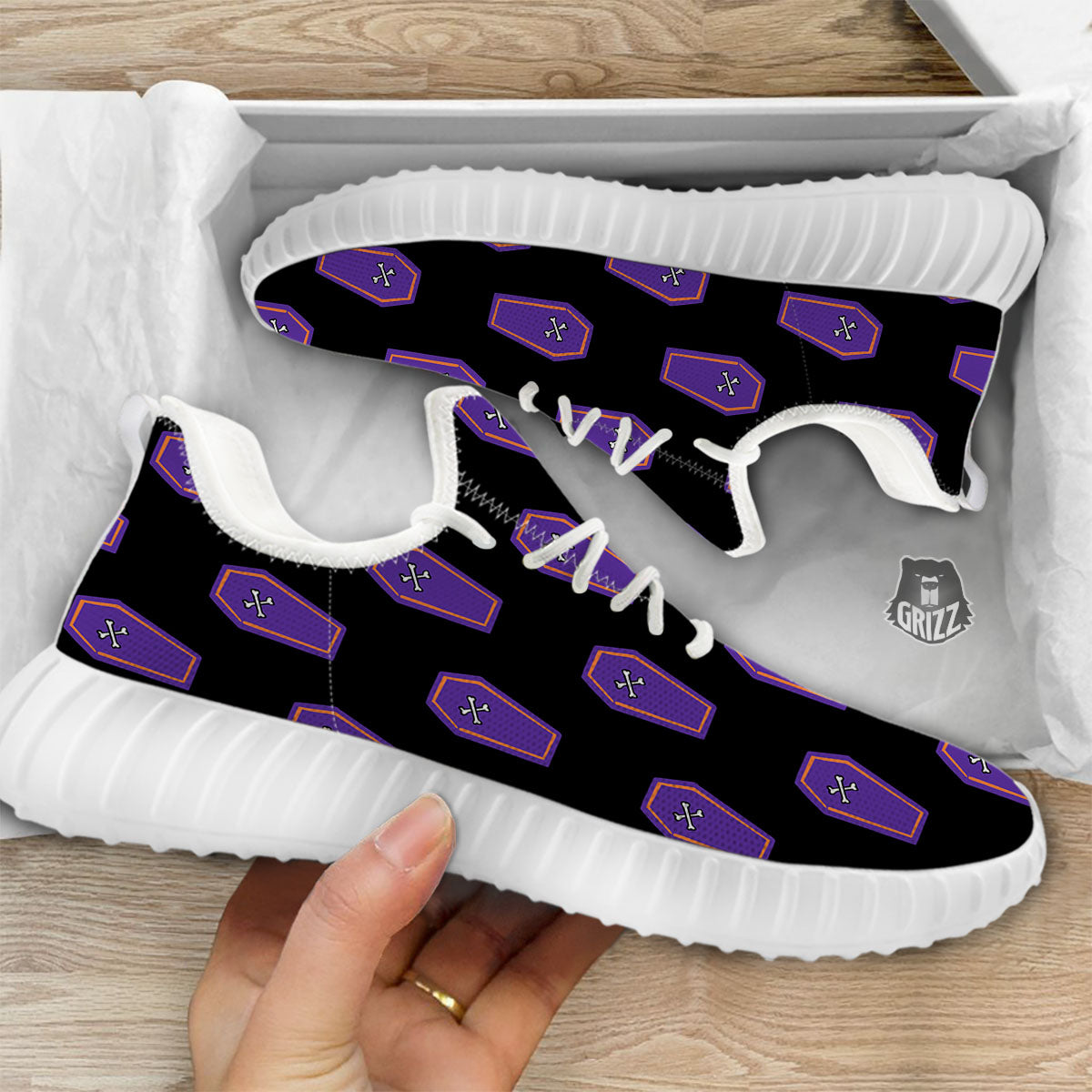 Halloween Coffin Purple Print Pattern White Walking Shoes-grizzshop