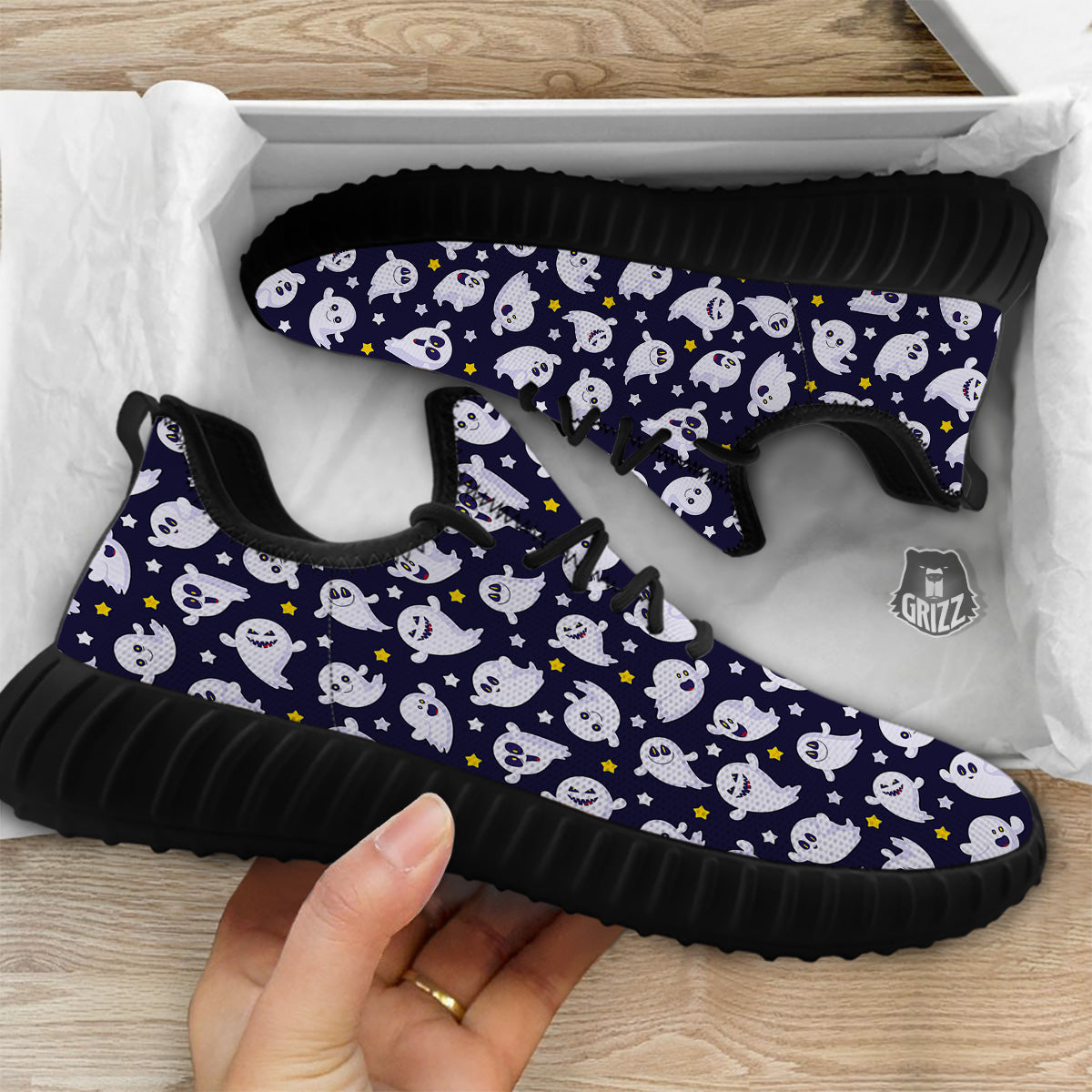 Halloween Cute Ghost Emoji Print Pattern Black Walking Shoes-grizzshop