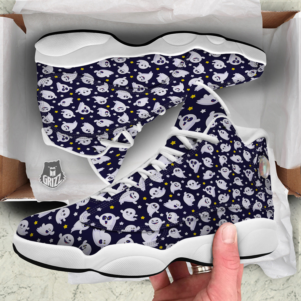 Halloween Cute Ghost Emoji Print Pattern White Basketball Shoes-grizzshop