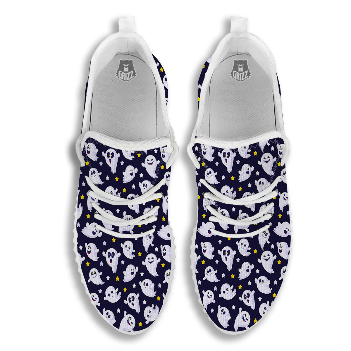 Halloween Cute Ghost Emoji Print Pattern White Walking Shoes-grizzshop