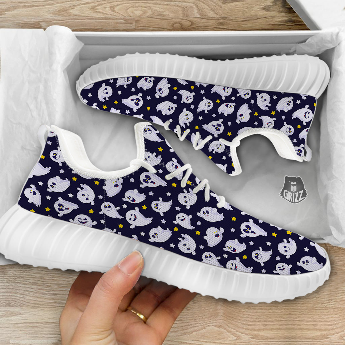 Halloween Cute Ghost Emoji Print Pattern White Walking Shoes-grizzshop