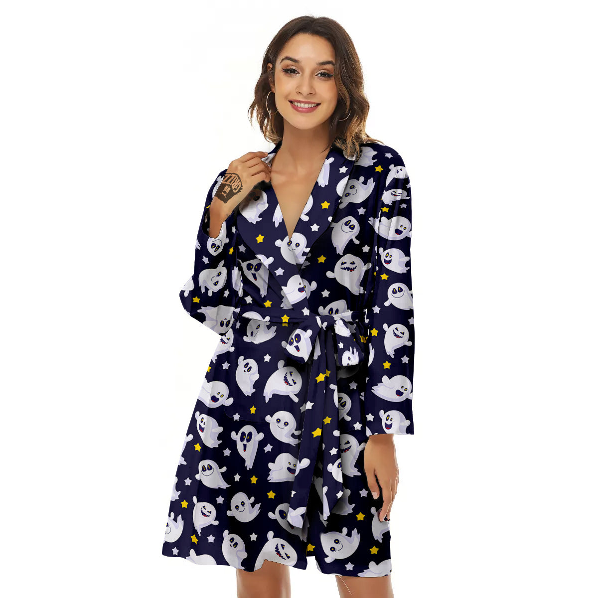 Halloween Cute Ghost Emoji Print Pattern Women's Robe-grizzshop