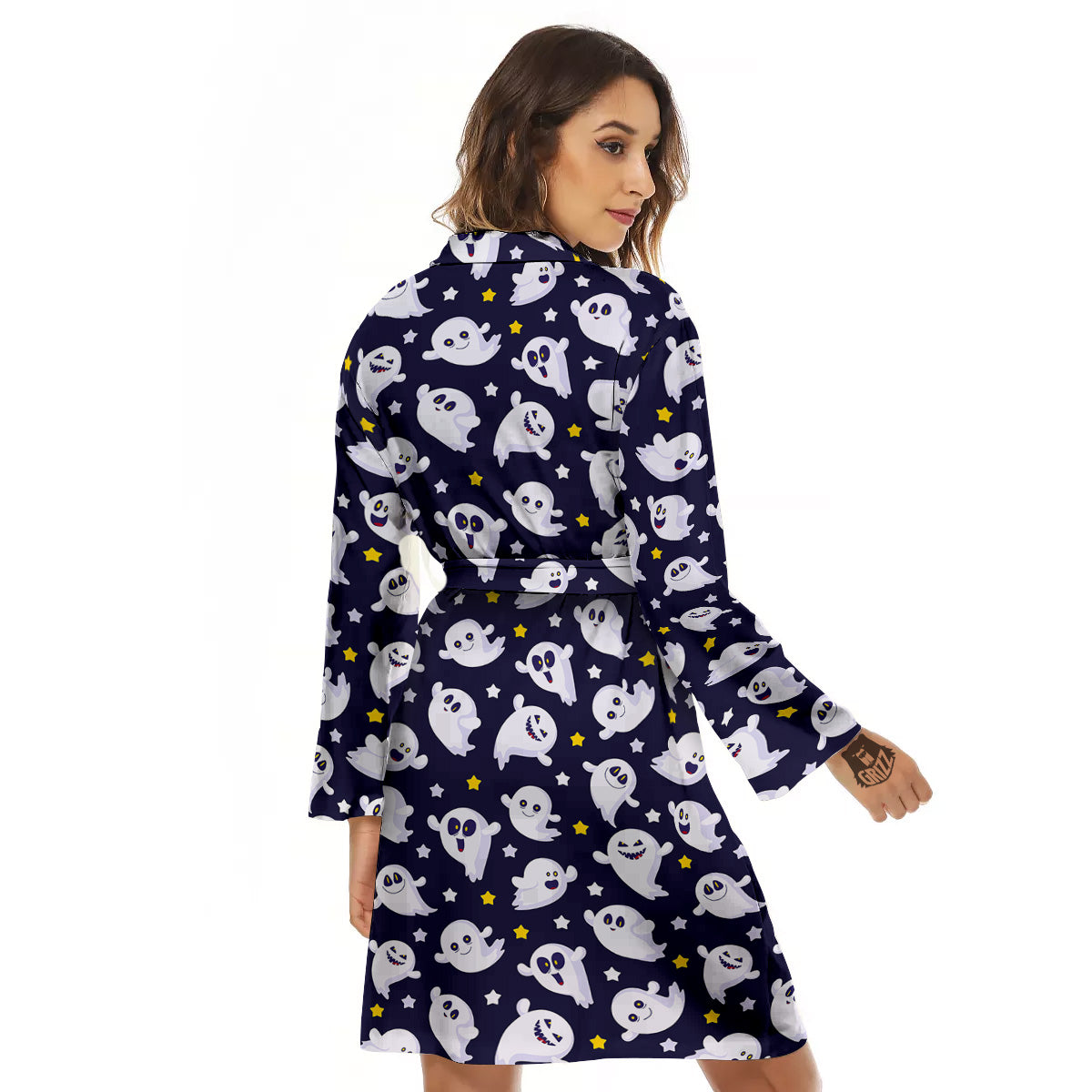 Halloween Cute Ghost Emoji Print Pattern Women's Robe-grizzshop