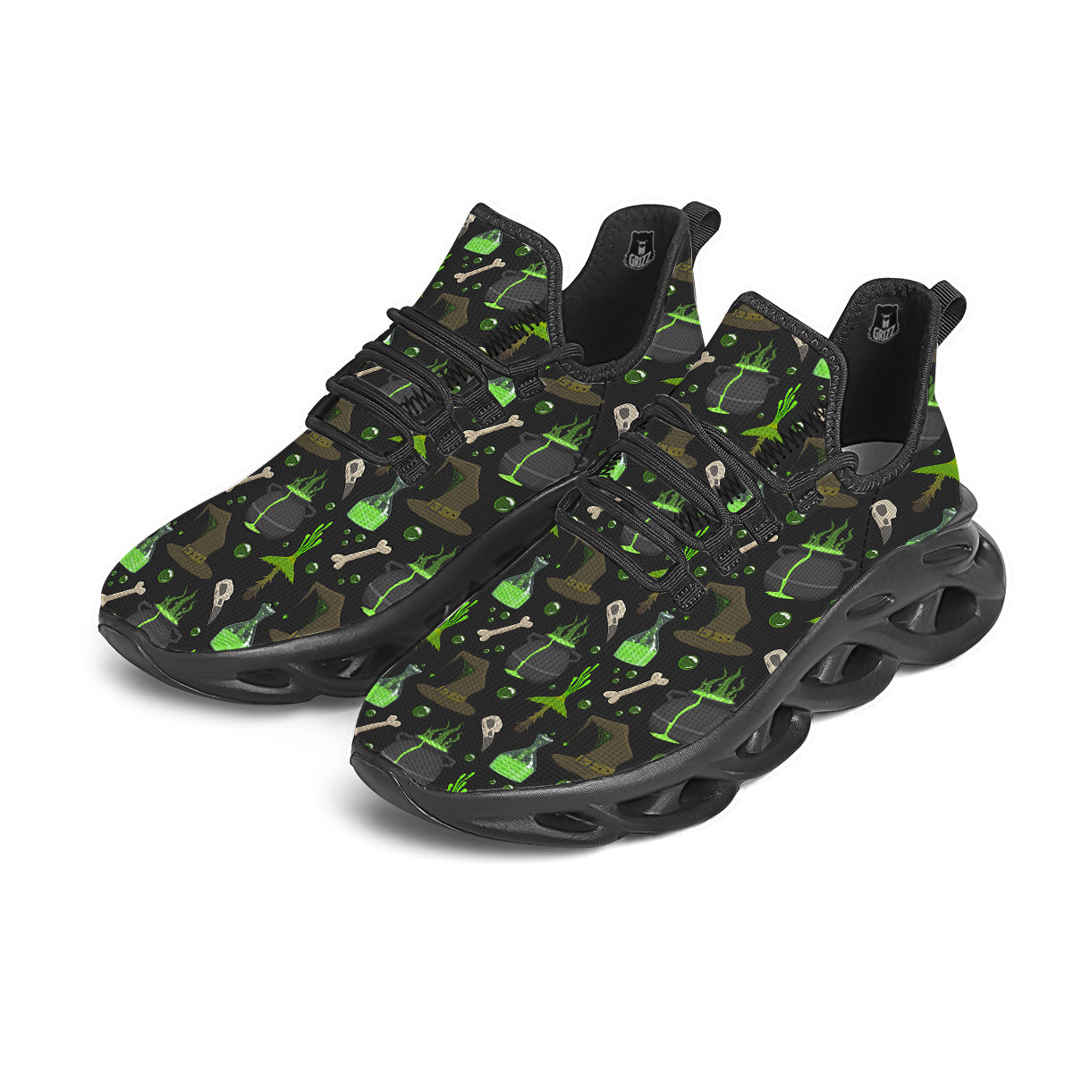 Halloween Green Poison Witch Print Pattern Black Running Shoes-grizzshop