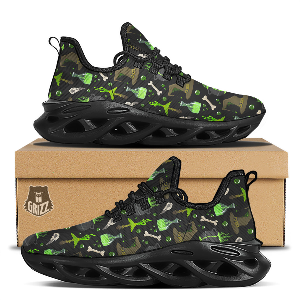 Halloween Green Poison Witch Print Pattern Black Running Shoes-grizzshop