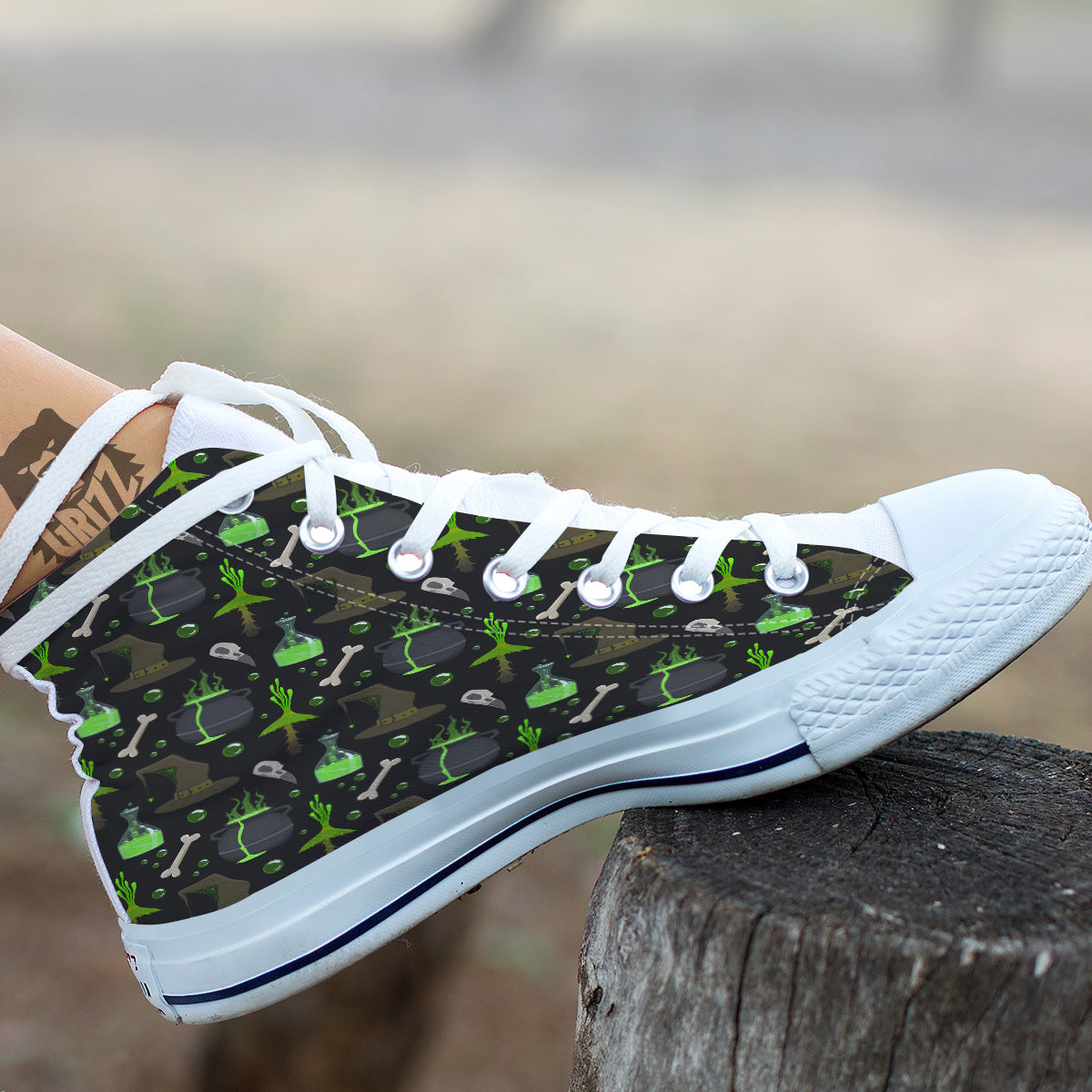 Halloween Green Poison Witch Print Pattern White High Top Shoes-grizzshop