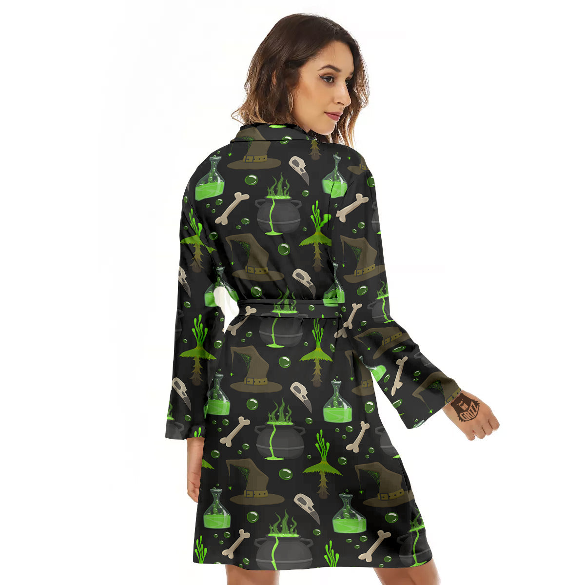 Halloween Green Poison Witch Print Pattern Women's Robe-grizzshop